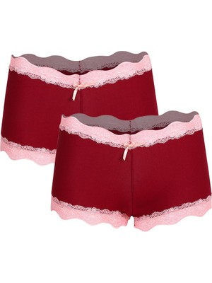 İbrahim Burak Etiler Collection Moda Çizgi Kadın Pamuklu 2li Boxer Bordo 40265
