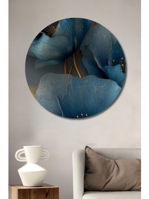 Masalsı Mavi Çiçek Yağlı Boya Görünümlü Ahşap Dekoratif Tablo Yuvarlak Duvar Tablosu