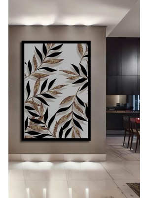 Altın Parıltılı Yaprak Desenli Modern Sanat Ahşap Ev,ofis,mutfak,yatak Odası Tablo Çerçeve Görünümlü