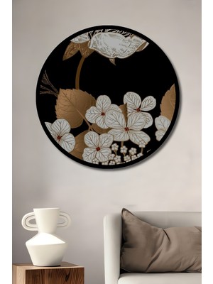 Altın Varak Baskı Detaylı Çiçek Sanatı Ahşap Tablo Yuvarlak Duvar Tablosu Çerçeve Görünümlü