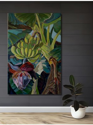 Muz Ağacı Çiçeği ve Salkımı Sulu Boya Görünümlü Ahşap Dekoratif Ev,antre,salon,ofis,mutfak Tablo