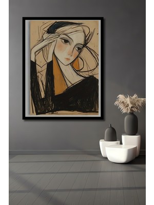 Kederli Kadın Portresi Yağlı Boya Görünümlü Modern Sanat Ahşap Ev,antre,ofis Tablo Çerçeve Görünümlü