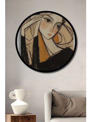 Kederli Kadın Portresi Modern Sanat Ahşap Tablo Yuvarlak Tablo Çerçeve Görünümlü