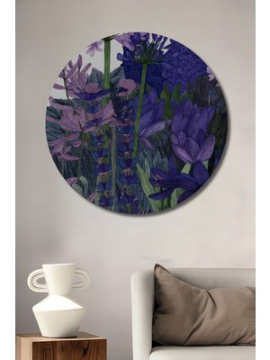 Mor Salkımlı Çiçek Bahçesi Sulu Boya Görünümlü Ahşap Dekoratif Tablo Yuvarlak Duvar Tablosu