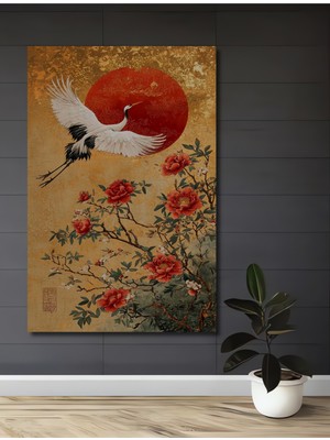 Kızıl Güneş ve Yükselen Turna Yağlı Boya Görünümlü Ahşap Dekoratif Ev,antre,salon,ofis,mutfak Tablo