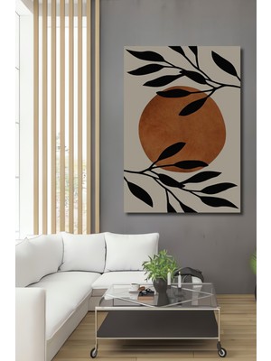 Minimalist Siyah Yaprak ve Kahverengi Güneş Tasarımlı Yağlı Boya Görünümlü Ahşap Dekoratif Tablo