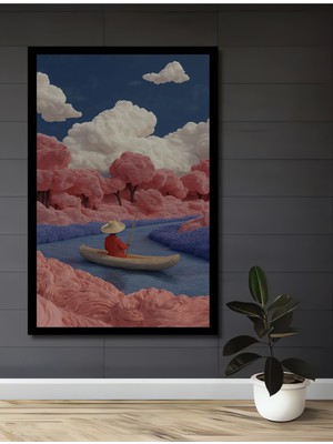 Pembe Bulutlar Altında Sakin Yolculuk Sulu Boya Görünümlü Ahşap Dekoratif  Tablo Çerçeve Görünümlü