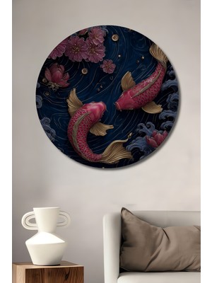 Altın Varaklı Pembe Koi Balıkları Çiçekli Dalga Desenli Ahşap Tablo Yuvarlak Tablo