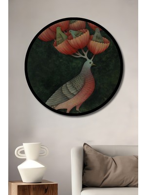 Görsel Işıltısı Kuş Bahçesi Ahşap Dekoratif Tablo Yuvarlak Duvar Tablosu Çerçeve Görünümlü