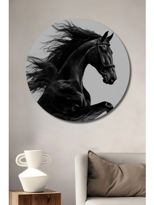Asil Siyah At Kara Kalem Görünümlü Sanat Ahşap Dekoratif Tablo Yuvarlak Duvar Tablosu