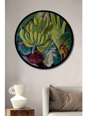 Muz Ağacı Çiçeği ve Salkımı Sulu Boya Görünümlü Ahşap Tablo Yuvarlak Duvar Tablosu Çerçeve Görünümlü