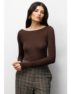 Mixray 4797 Kadın Kayık Yaka Uzun Kollu Bluz Kahve
