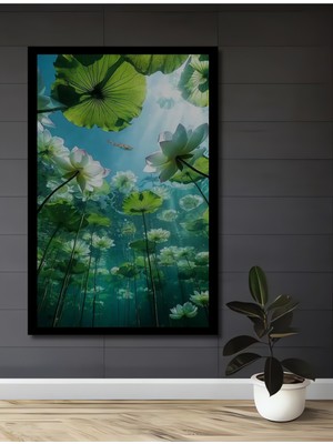Su Altı Nilüfer ve Koi Balığı Yağlı Boya Görünümlü Ahşap Ofis,mutfak Tablo Çerçeve Görünümlü