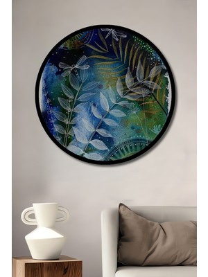 Sulu Boya Görünümlü Iki Sinekli Yaprak Sanatı Ahşap Tablo Yuvarlak Duvar Tablosu Çerçeve Görünümlü