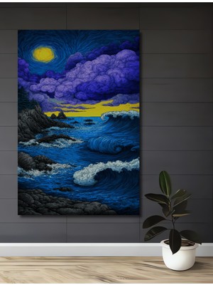 Büyük Dalgalar ve Fırtınalı Gökyüzü Yağlı Boya Görünümlü Ahşap Dekoratif Ev,antre,salon,ofis Tablo