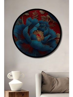 Mistik Gök Mavisi Şakayık Yağlı Boya Görünümlü Ahşap Tablo Yuvarlak Duvar Tablosu Çerçeve Görünümlü