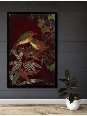 Kızıl Sığırcıklar ve Bitki Sanatı Ahşap Ev,antre,ofis,mutfak,yatak Odası Tablo Çerçeve Görünümlü