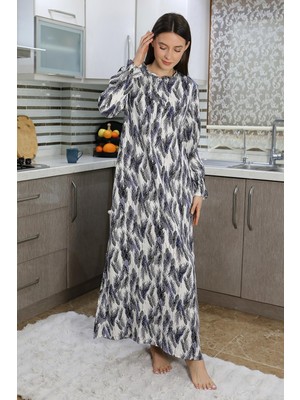 İbrahim Burak Etiler Collection Moda Çizgi Kadın Uzun Kol Penye Gecelik Ev Elbisesi Mavi 25500