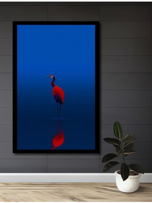 Kırmızı Balıkçıl Kuş Sulu Boya Görünümlü Modern Sanat Ahşap Ev,antre,ofis Tablo Çerçeve Görünümlü