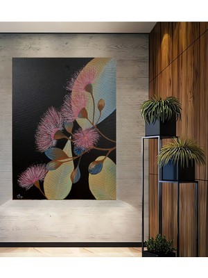 Pembe Çiçek Kırmızısı Yaprak Desenli Ahşap Dekoratif Ev,antre,salon,ofis,mutfak,yatak Odası Tablo