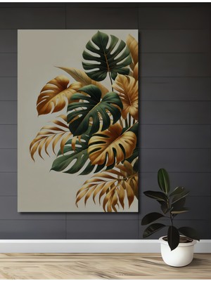 Altın ve Zümrüt Tropikal Yapraklar Yağlı Boya Görünümlü Dekoratif Ahşap Ev,antre,salon,ofis Tablo