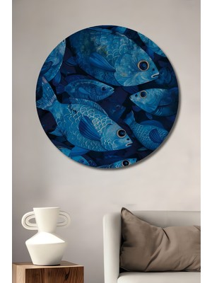 Mavi Balık Sürüsü Sulu Boya Görünümlü Ahşap Dekoratif Tablo Yuvarlak Duvar Tablosu