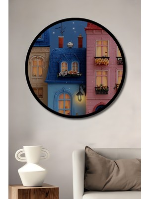 Renkli Kasaba Sanat Yağlı Boya Görünümlü Ahşap Tablo Yuvarlak Duvar Tablosu Çerçeve Görünümlü