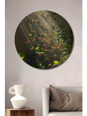 Işıltılı Sürü Balıkları Yağlı Boya Görünümlü Ahşap Dekoratif Tablo Yuvarlak Duvar Tablosu