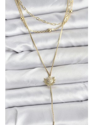 Shopwave Pirinç Gold Renk Zirkon Taşlı Güneş Model Detaylı 3'lü Kombin Y Kadın Kolye - TJ-BKO10698