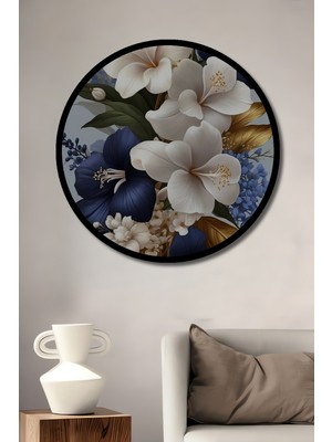 Büyüleyici Lüks Çiçek Buketi Yağlı Boya Görünüm Ahşap Tablo Yuvarlak Duvar Tablosu Çerçeve Görünüm