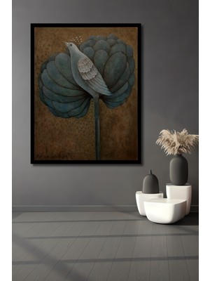 Mistik Kuş ve Bitki Desenli Suluboya Görünümlü Ahşap Ev,antre,ofis,mutfak Tablo Çerçeve Görünümlü