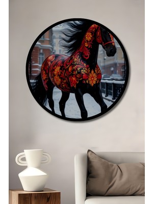 Rus Desenli Yağlı Boya Görünümlü At Ahşap Dekoratif Tablo Yuvarlak Duvar Tablosu Çerçeve Görünümlü