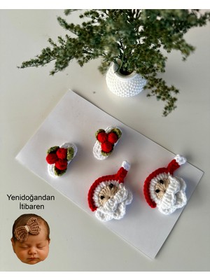 Livadesign7 El Emeği 4'lü Yenidoğan Saçsız Bebek Tokası Seti -Klips Noel Baba - Kokina