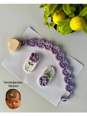 Livadesign7 Yenidoğan Saçsız Bebek Tokası ve Emzik Askısı El Emeği Örgü 3'lü Set