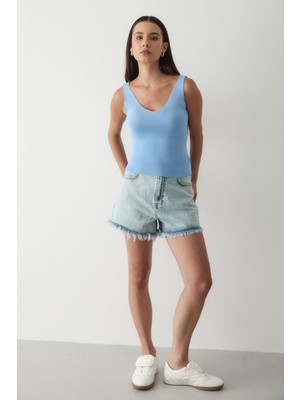 Jaste Kadın Kolsuz Kalın Askılı Kalp Yaka Triko Atlet MAVİ