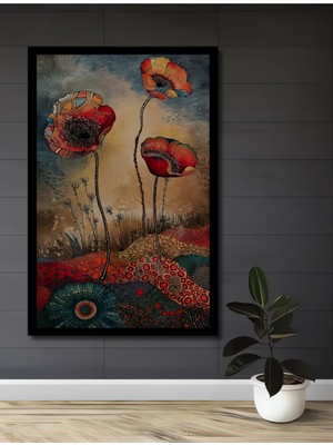 Büyülü Gelincikler Suluboya Görünümlü Ahşap Ev,antre,ofis,mutfak,yatak Odası Tablo Çerçeve Görünümlü