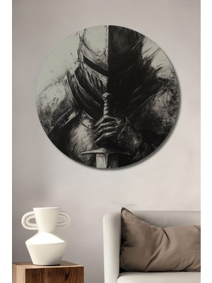Cesur Şövalye Kara Kalem Görünümlü Ahşap Dekoratif Tablo Yuvarlak Duvar Tablosu