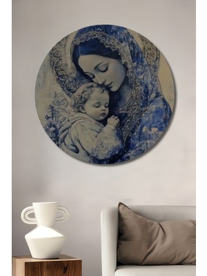 Meryem Ana ve Çocuk Isa Yağlı Boya Görünümlü Dekoratif Ahşap Tablo Yuvarlak Duvar Tablosu