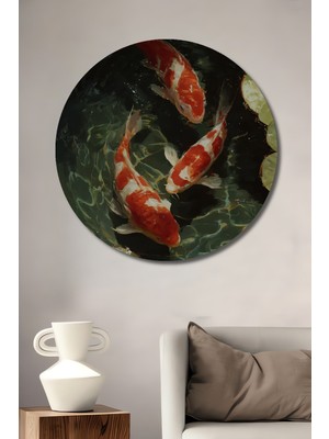 Asya Esintili Canlı Koi Balıkları Sulu Boya Görünümlü Dekoratif Ahşap Tablo Yuvarlak Duvar Tablosu