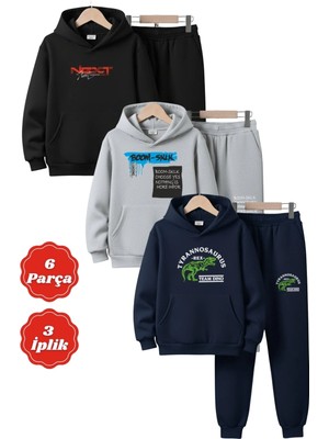Fyk Kids 3 Iplik Kapüşonlu Kanguru Cepli Şardonlu Kışlık Baskı Detaylı 6 Parça Erkek Çocuk Eşofman Takımı