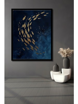 Altın Sürü Halindeki Balıklar Yağlı Boya Görünümlü Ahşap Ofis,mutfak Tablo Çerçeve Görünümlü