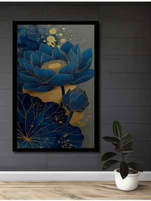 Mavi Altın Yapraklı Nilüfer Sanat Ev,antre,salon,ofis,mutfak,yatak Odası Tablosu Çerçeve Görünümlü