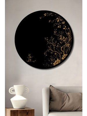 Altın Dal ve Çiçek Sanatı Görünümlü Ahşap Dekoratif Tablo Yuvarlak Duvar Tablosu Çerçeve Görünümlü