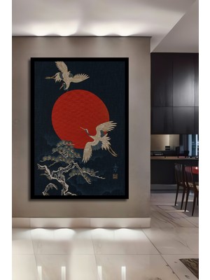 Japon Sanatından Kırmızı Güneş ve Turna Kuşu Desenli Ahşap Ev,antre,ofis Tablo Çerçeve Görünümlü