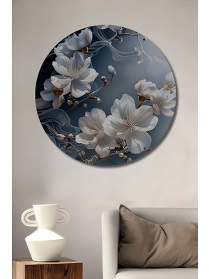 Bembeyaz Çiçeklerin Buharla Dansı Ahşap Dekoratif Tablo Yuvarlak Duvar Tablosu