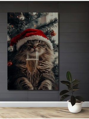 Şık Yılbaşı Kedisi Yağlı Boya Görünümlü Ahşap Dekoratif Ev,antre,salon,ofis,mutfak,yatak Odası Tablo
