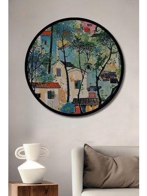 Renk Cümbüşü Evler Sulu Boya Görünümlü Ahşap Tablo Yuvarlak Duvar Tablosu Çerçeve Görünümlü
