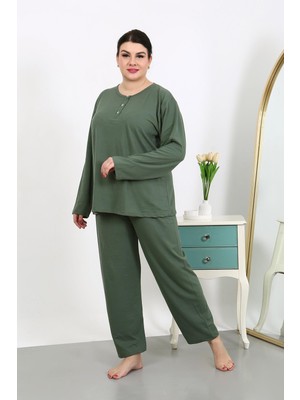 İbrahim Burak Etiler Collection Moda Çizgi Kadın Büyük Beden Uzun Kol Penye Pijama Takımı Haki 202501