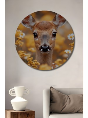 Sevimli Geyik Yavrusu Yağlı Boya Görünümlü Ahşap Dekoratif Tablo Yuvarlak Duvar Tablosu