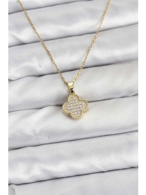 Shopwave 316L Çelik Zincir Gold Renk Zirkon Taşlı Yonca Model Kadın Kolye - TJ-BKO10771